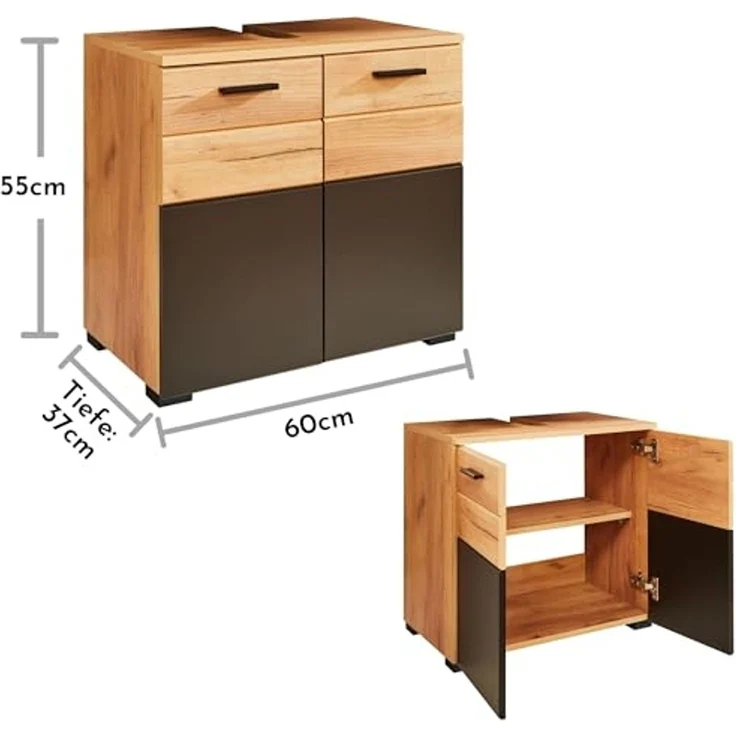 Waschbeckenunterschrank >Riom< in Eiche Artisan-Schwarz matt - 60x55x37 (BxHxT) – Bild 2
