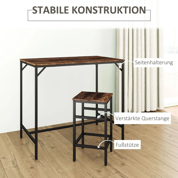 5-teiliges Bartisch-Set Bartisch mit Barhocker-Set Esstisch mit 4 Stühlen Küchentisch für Esszimmer, Küche, Rustikal-Braun+Schwarz--Rustikal-Braun--88x60x100cm--YOUDENOVA – Bild 7