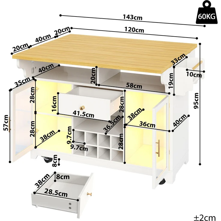 Servierwagen B 120 x T 40/80 x H 95 cm aus MDF und Metall, beidseitig ausklappbar mit RGB-LED – Bild 4