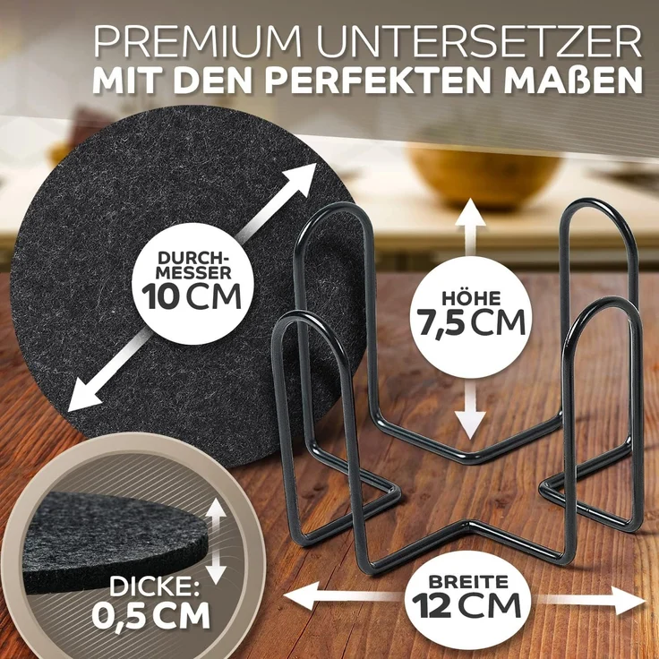 Loco Bird Getränkeuntersetzer 12er Set inkl. Halterung rund aus Filz, Zubehör für Getränke, Tassen, Bar, Glas, Design Glasuntersetzer in dunkelgrau, Tischuntersetzer Filzuntersetzer – Bild 2