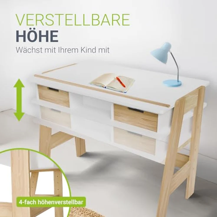 Juskys Kinder Schreibtisch Fietje Plus - neigungs- & höhenverstellbar, 2 Schubladen, robustes Material, viel Stauraum - Kinderschreibtisch aus Holz – Bild 5