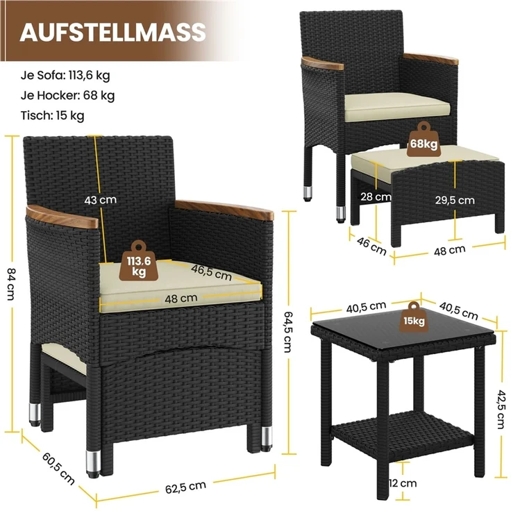 Yaheetech Gartenlounge-Set mit Sessel, Fußhocker & Kaffeetisch, Rattan-Optik, Schwarz & Beige – Bild 4