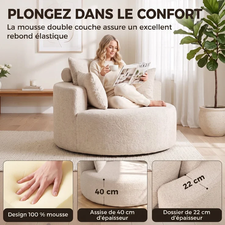 Runder Chenille-Sitzsack, große Sitzfläche, 2 Kissen, 1 Rückenlehne, 1 Nackenrolle, Belastbarkeit 250 kg, 130 x 130 x 82 cm, Creme – Bild 7