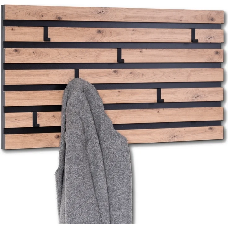 Garderobenpaneel >Tip 1< 6 Haken, 3D Artisaneiche Dekor, Metall schwarz - 80x40 (LxH) – Bild 1