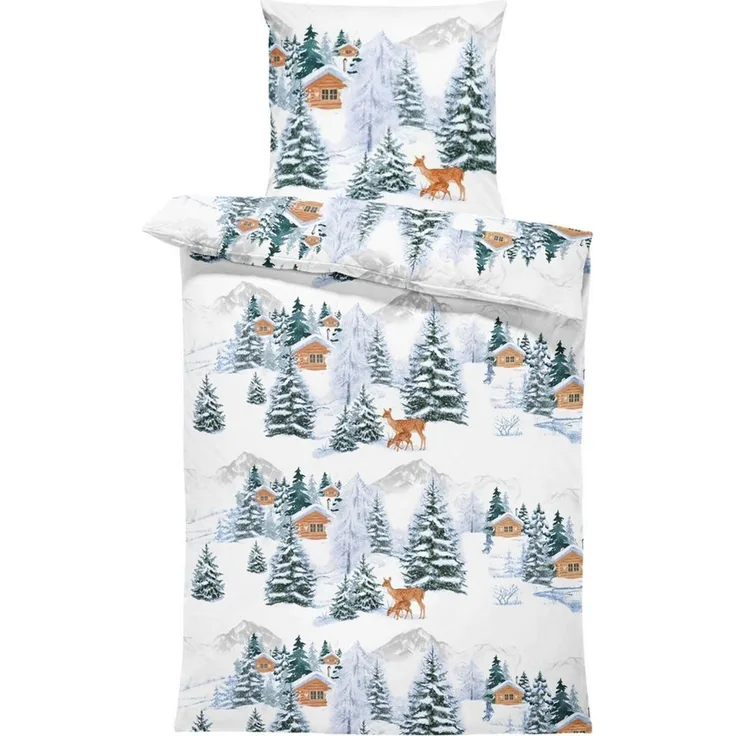 One Home Bettwäsche Winterlandschaft Hirsche Natur Weihnachten, Flanell, 2 teilig, weihnachtlich Schnee, kuschelig flauschig warm weiche Baumwolle Biber