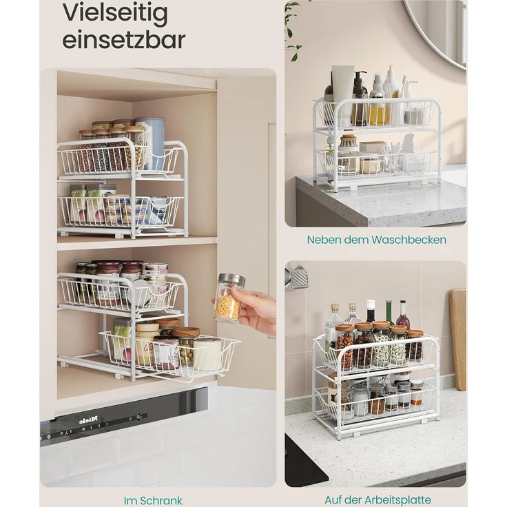 Küchen-Organizer, Küchenregal, Ordnungssystem, 2 Ebenen, stapelbar, erweiterbar, mit Metallkörben, für Küche, Badezimmer, weiß – Bild 6