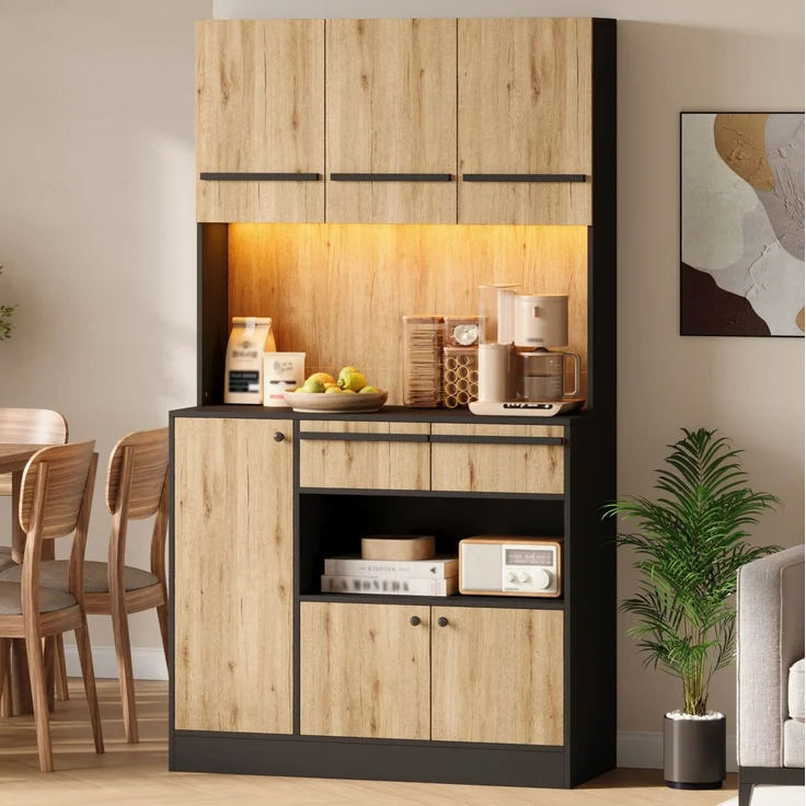 Küchenschrank 100 x 40 x 180 cm mit RGB-LED und verstellbaren Einlegeböden – Natur und Schwarz – Bild 2