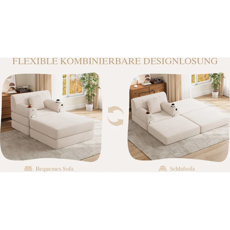 ZUBALIYA Schlafsofa 162x81 cm, mit Stauraum, mit Samtbezug, mit Cordbezug, mit Knopfheftung, mit breiten Armlehnen, Beige – Bild 9