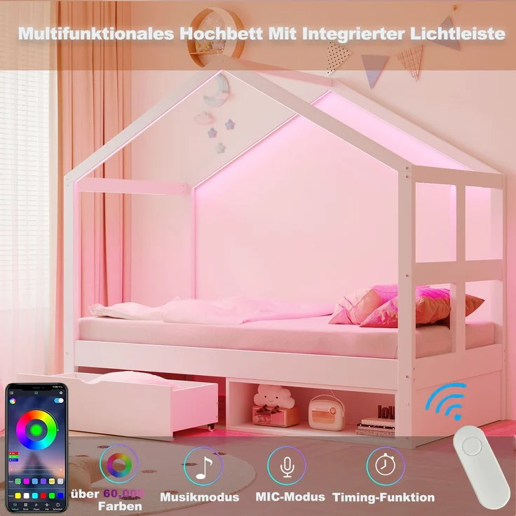 Merax Einzelbett, Jugendbett, Holzbett 90×190 cm, mit Schubladen und kleinem Schuhschrank, mit mehrfarbiger LED-Beleuchtung, Lattenrost, Weiß – Bild 5