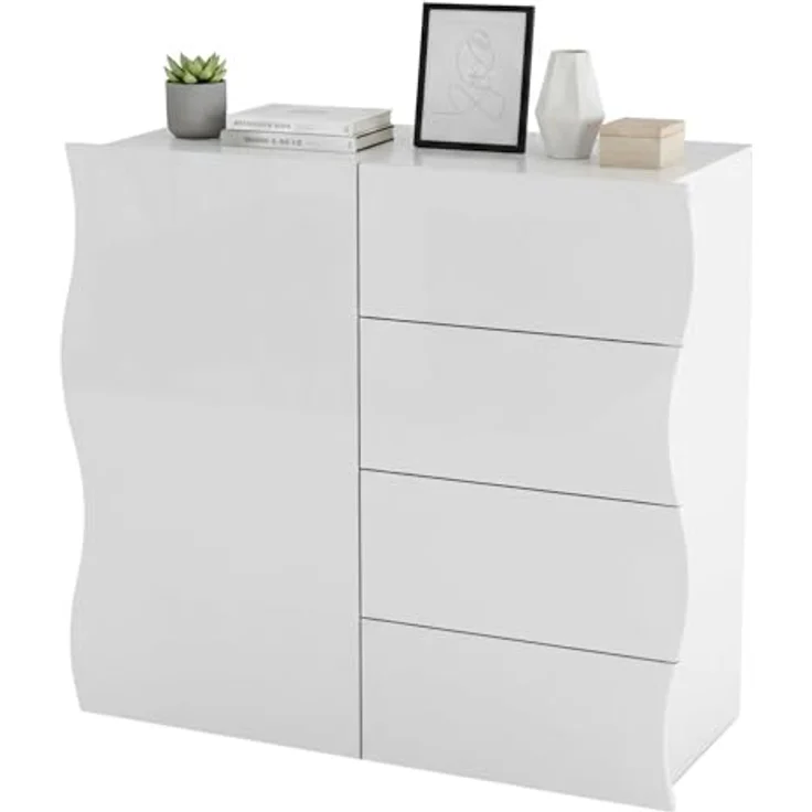 Dmora - Kommode Giuseppe, Küchen-Sideboard mit 4 Türen und 1 Schublade, Wohnzimmer-Buffet, 100 % Made in Italy, 90 x 40 x 81 cm, glänzendes Weiß, – Bild 4