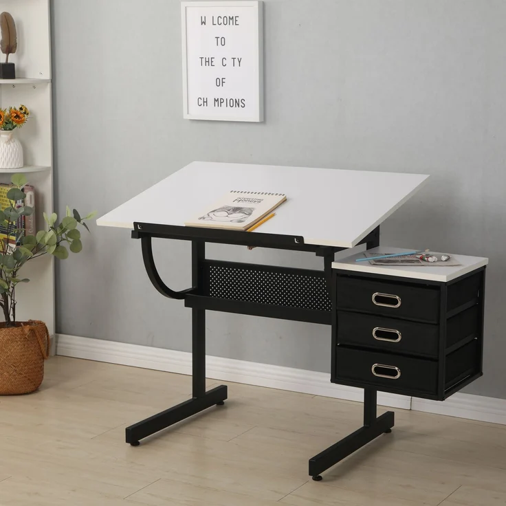 Weißer, höhenverstellbarer Zeichentisch mit Hocker und 3 Schubladen zum Basteln, Lesen und Schreiben – 115 x 60 x 76,2 cm – YOUDENOVA – Bild 6