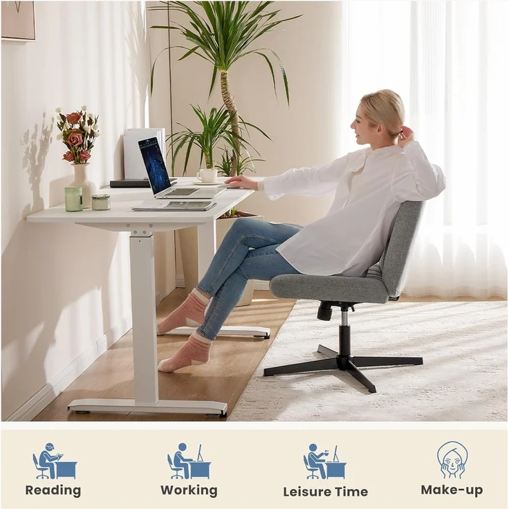 DUMOS Cross Legged Bürostuhl, Armloser Breiter Schreibtischstuhl Keine Räder, Moderner Home Office Schreibtisch Stuhl Swivel Verstellbarer Stoff Eitelkeit Stuhl – Bild 8