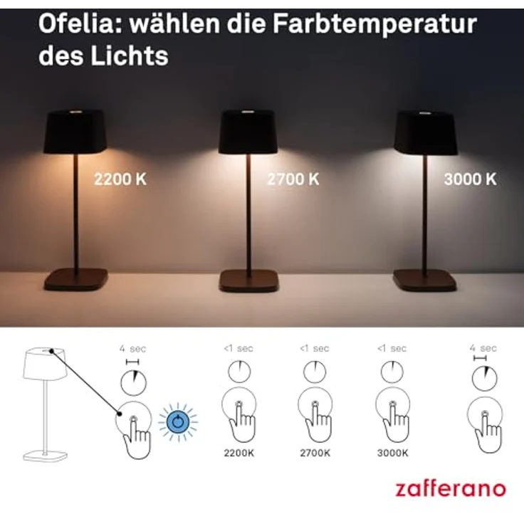 Zafferano, Ofelia Lampe, Kabellose, Wiederaufladbare Tischlampe mit Touch Control, Auch für den Außenbereich Geeignet, Dimmer, 2200-3000 K, Höhe 29 cm, Farbe Dunkelgrau – Bild 5