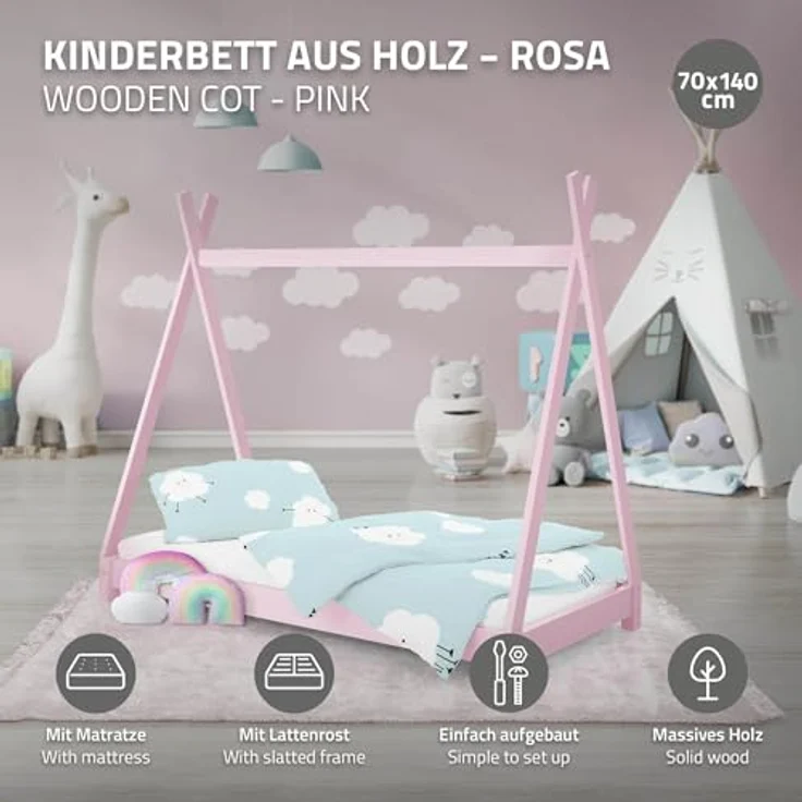 ML-DESIGN Spielbett Hausbett Tipi Zeltbett inkl. Lattenrost Bodenbett Kinder Himmelbett, Abenteuerbett zum Spielen Zelt Kinderbett Kiefer Bettenhaus Bett Rosa – Bild 4