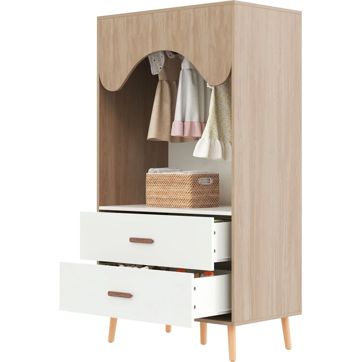 Offener Kinderkleiderschrank, HDF+Massivholzgriffe, Weiß-Natur Optik 80x46x141,5cm für Kinderzimmer Schlafzimmer – Bild 7