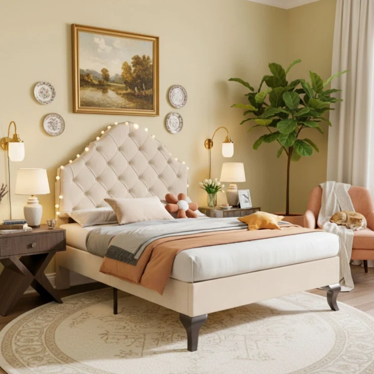 EINHOM Polsterbett 90 x 200 cm mit Lattenrost und Kopfteil, Polsterbett mit Höhenverstellbares Kopfteil, Jugendbett, Einzelbett, Holzlattenunterstützung, Einfache Montage, Samt, Beige, (Ohne Matratze) – Bild 2