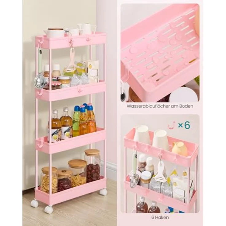 SONGMICS Rollwagen, Küchenwagen mit 4 Ebenen, Küchenregal, Nischenregal, mit 6 Haken, 360° drehbare Räder, Stahlgestell, Bad, Küche, Büro, pastellrosa KSC008R01 – Bild 5