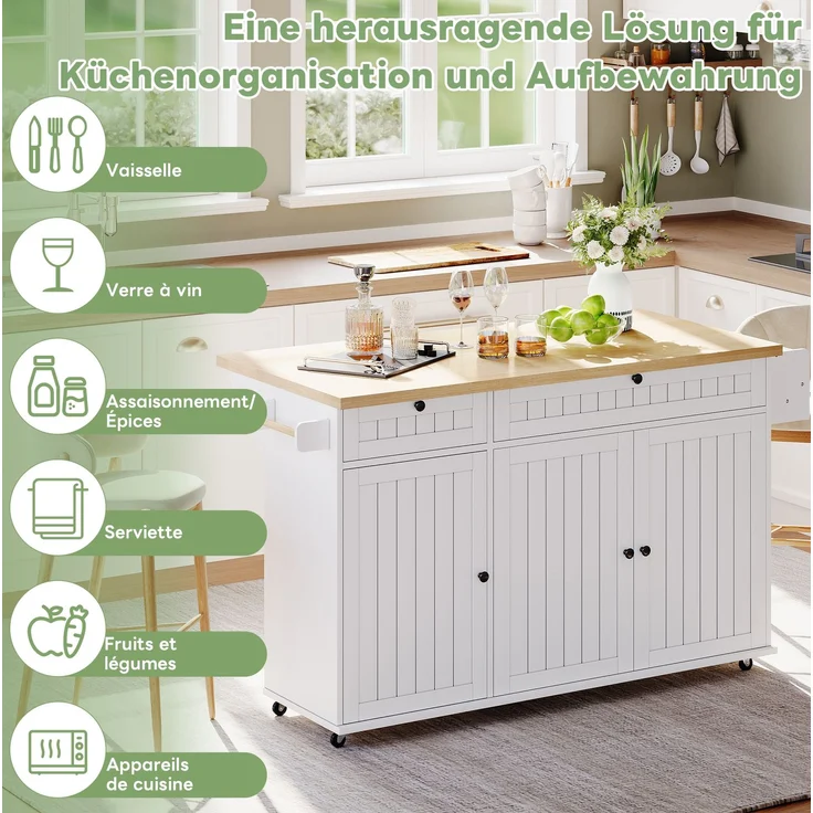 Küchenwagen 137×70×89,5 cm MDF klappbar Arbeitsfläche Schubladen Rollen Stauraum Küche Esszimmer,Weiß & Natur – Bild 7