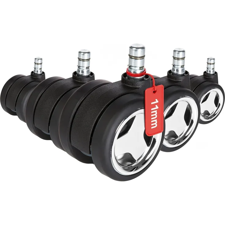 hjh OFFICE 619035 5x Hartbodenrollen 11mm / 60mm ROLO GAME No-Noise Gaming Stuhlrollen für harte Böden, Schwarz/Chrom