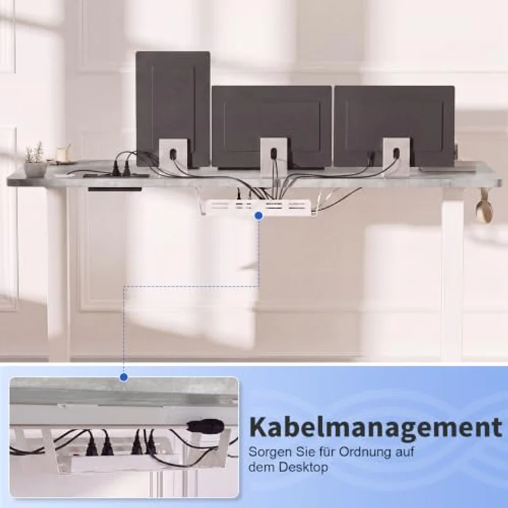 JUMMICO Höhenverstellbarer Schreibtisch 140x60 cm mit Steckdose | Schreibtisch Höhenverstellbar Elektrisch Stehtisch, Steh-Sitz Tisch, Bürotisch Computertisch für Home Office, Steingrau – Bild 7