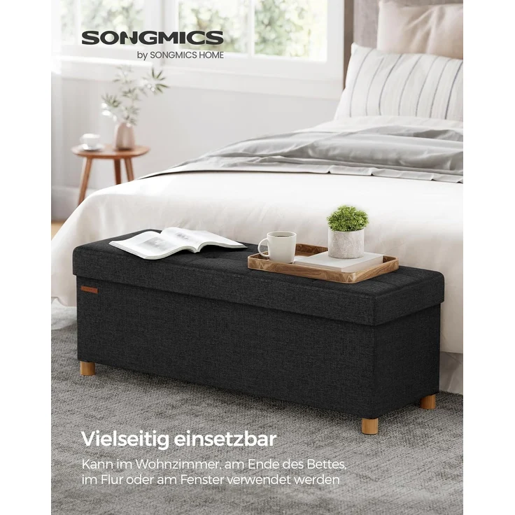 Songmics Sitzbank mit Stauraum, Schuhbank, klappbare Sitztruhe, Aufbewahrungsbox, Fußbank, 38 x 110 x 40 cm, für Wohnzimmer, Schlafzimmer, tintenschwarz LSF018B11 – Bild 3