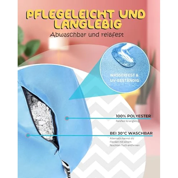 PATCH HOME 2-in-1 Sitzsack Sessel - Gaming Bean Bag mit Reißverschluss - Bereits befüllt, Ergonomisch & Robust für Kinder & Erwachsene - Indoor & Outdoor, Wetterfest (Hellblau, 155cm) – Bild 10