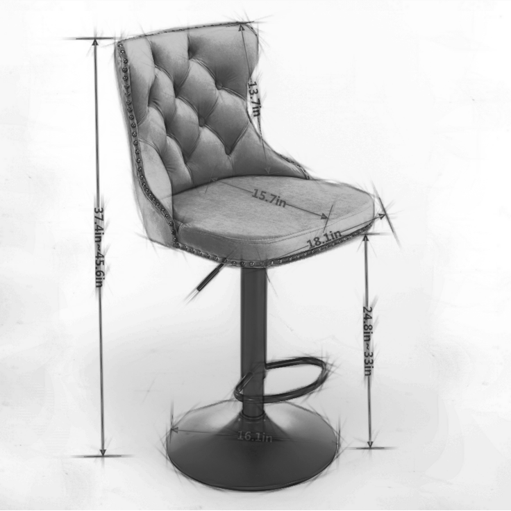 Drehbare Samt-Barhocker, höhenverstellbar von 63,5 bis 83,8 cm (25–33 Zoll), 45 cm (17,7 Zoll) Fußstütze, moderne, gepolsterte Barhocker mit Rückenlehne, bequem gesteppt, ideal für Hausbar und Kücheninsel, Grau, 2er-Set, DE1812GY – Grau – 46 x 46 x 115... – Bild 8