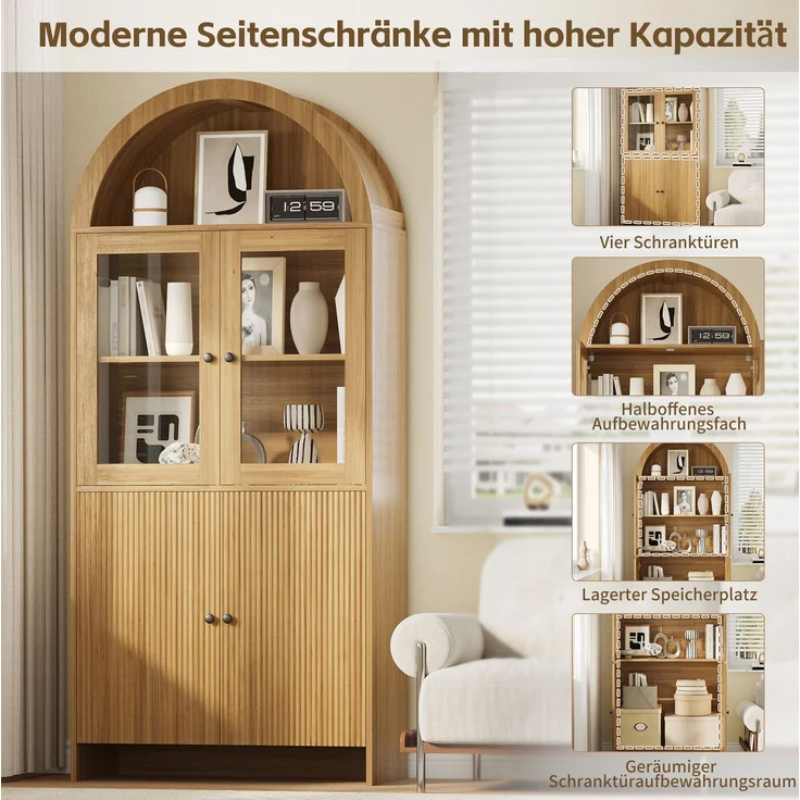 DESVIAE Sideboard mit Glastüren und gewölbtem Design 78x176x40 cm Spanplatte Natur – Bild 6