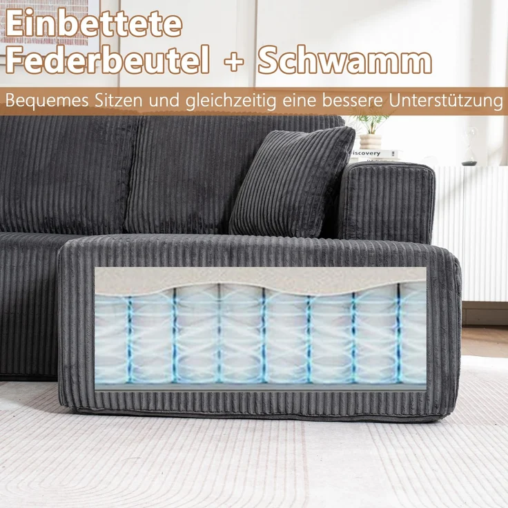 Schlafsofa U-Form 332x156x88 cm Grau aus Corduroy mit Federkern- und Schwammkernkomfort, ohne Montage – Bild 8