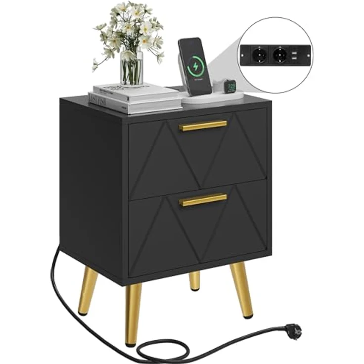 YITAHOME Nachttisch mit 2 Schubladen, 2 USB-Anschlüssen und Steckdosen, Nachtkommode mit Goldenen Metallbeinen und Griffen, Beistelltisch mit Stauraum für Wohnzimmer, Schlafzimmer, 40 x 30 x 52 cm, Schwarz – Bild 8