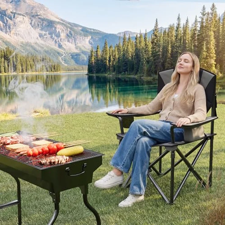 GarveeHome Campingstuhl faltbar bis 200 KG belastbar, Ultragroßer Angelstuhl 64 cm mit hoher Rückenlehne & Polsterung, Camping Stuhl Sessel inkl. Tragetasche für Garten Balkon Strand Schwarz/Grau – Bild 2