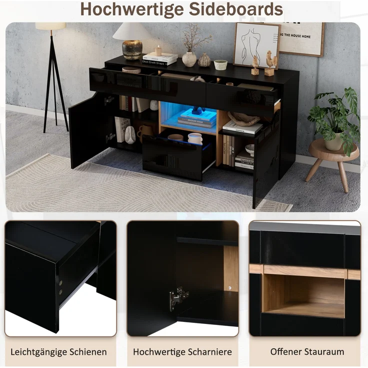 DESVIAE Sideboard mit 4 Schubladen und LED-Beleuchtung 140x70x40 cm Spanplatte Schwarz/Naturholz – Bild 4
