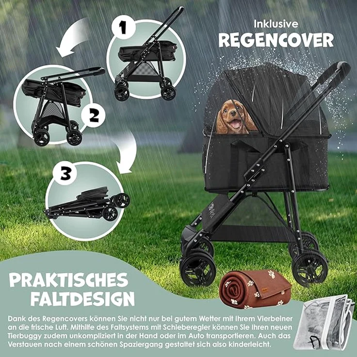 LOVPET® Hundewagen 2in1, Hundebox, Transporttasche, Faltbar, klappbar bis 20kg, mit Netzfenstern, Getränkehalter, Regenschutzabdeckung & Kuscheldecke, Anthrazit, 99,5 x 65 x 50,5 cm – Bild 5