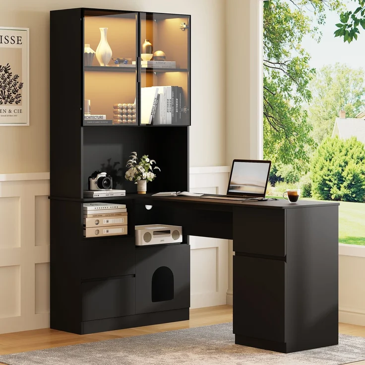 ZUBALIYA Eckschreibtisch mit Regal und LED-Vitrinenschrank 120×80×180 cm – Schreibtisch mit Kabeldurchlass, 3 Schubladen, 2 Türen, offenen Fächern,Ein Eckschreibtisch mit eingebautem Bücherregal,Schwarz – Bild 1