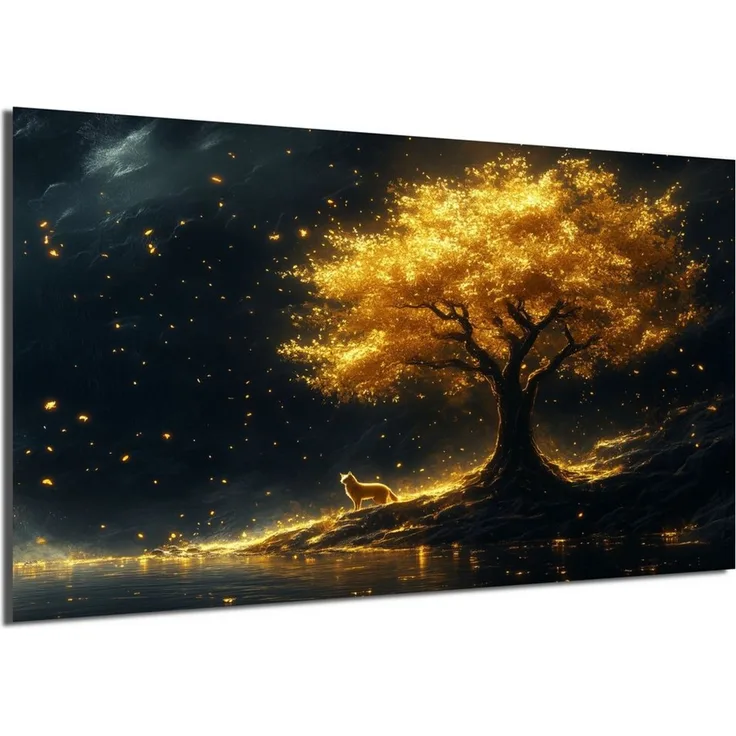 DARO Design Leinwandbild Modern Abstrakt Wandbilder XXL Wandbild Wand Deko Leinwand Bilder, (Katze am goldenen Baum - Bild groß Wohnzimmer Esszimmer Schlafzimmer Küche Einteilig Querformat Fotodruck Leinwände Wanddeko Abstrakte Kunst Boho), 30x20 cm