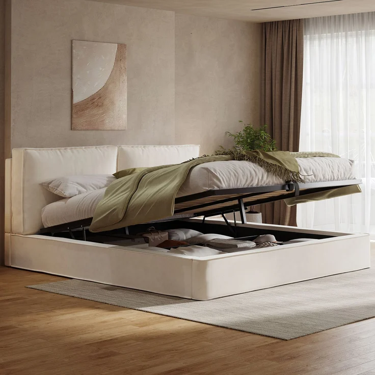 Polsterbett,Doppelbett,180x200 cm,hydraulisches Funktionsbett,Bett mit Lattenrost, Kopfteil, gepolstertes Kopfteil, Beige, samt – Bild 2