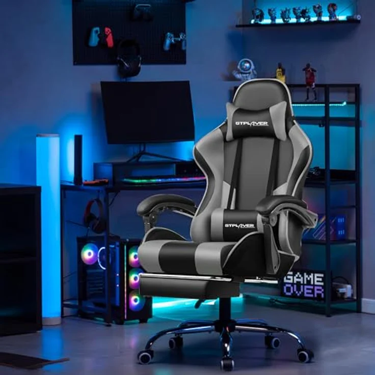 GTPLAYER Gaming Stuhl, Bürostuhl, Ergonomischer Pc Stuhl, Gaming Sessel mit Massagelendenwirbelstütze, Task Stühle mit Fußstütze und Kopfstütze, Grau Kunstleder – Bild 8