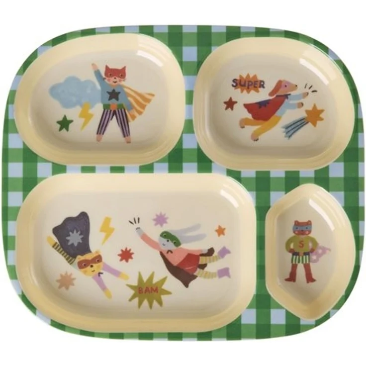 rice Kunststoffteller Rice Melamin Babyteller 4er-Einteilung Super Hero Print Grün – Bild 2