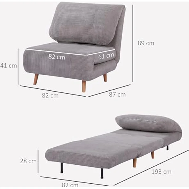 HOMCOM Sessel 2-IN-1 Schlafsessel Gästebett, verstellbare Kopfstütze Cord-Optik (Set, 1-St, 1 x Schlafsofa), mehrfach verstellbar – Bild 4