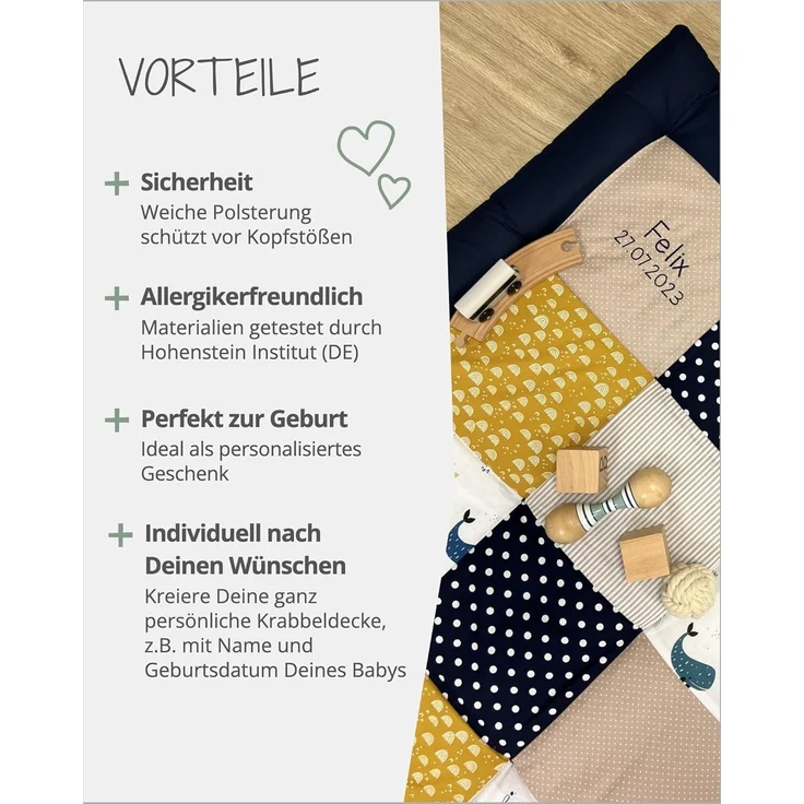 ULLENBOOM Krabbeldecke für Baby mit Personalisierung, 100% OEKO-TEX Materialien, Wale 100x100 cm - Babydecke mit Namen und Datum, ideal als Spieldecke und personalisiertes Baby Geschenk zur Geburt – Bild 3