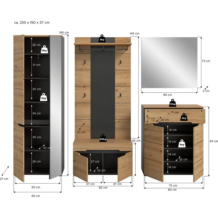 Garderobenkombination (B/H/T: 255x190x37 cm) in Artisan Nachbildung – Bild 4