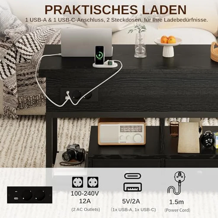 IRONCK Couchtisch Höhenverstellbar, LED Wohnzimmertisch mit Steckdosen | 2AC+USB+USB‑C, Kaffeetisch Holz, 2 Schubladen, Umwandelbar Esstisch 100×80cm, Schwarz – Bild 5