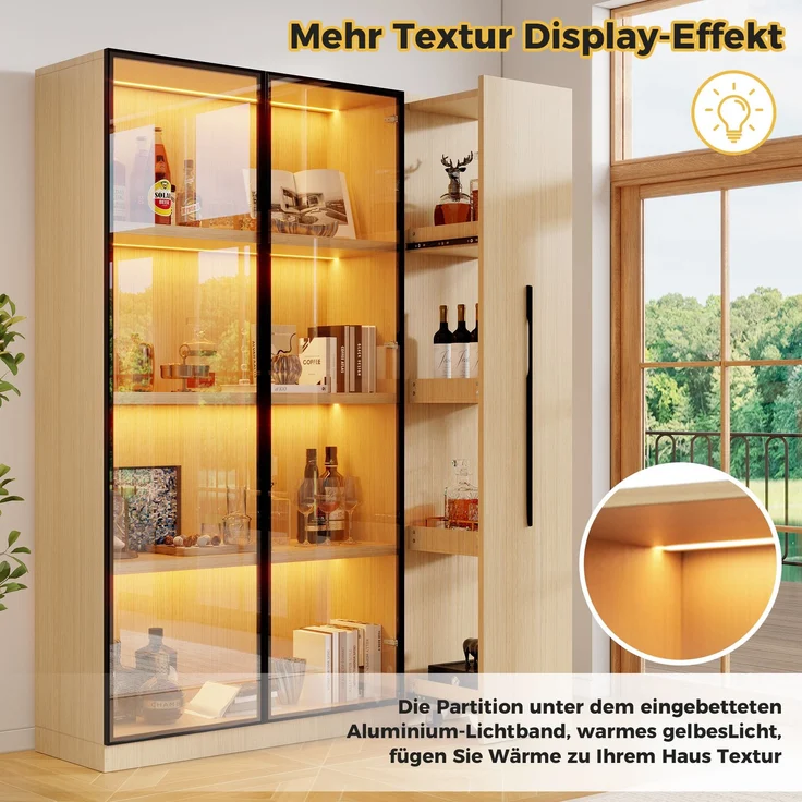 ZUBALIYA Multifunktionsschrank 110,5×35×160cm-Vitrine mit Glastür und LED, Seitenauszug, Rollschrank - Hochschrank im modernen Stil, Vitrine,Esszimmerschrank,Bücherregal, Badezimmerschrä – Bild 3