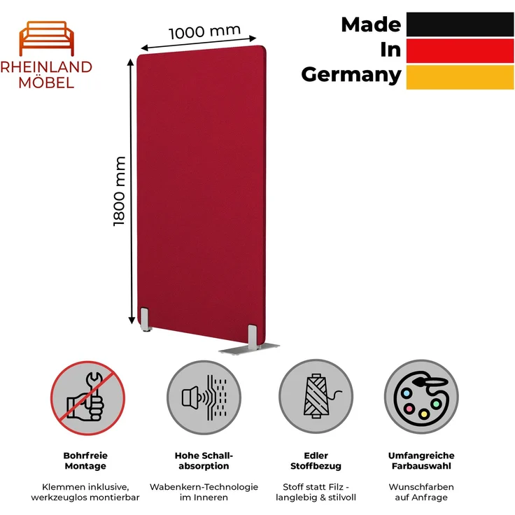Rheinland Möbel FocusWall STW1018 – Akustik-Stellwand 1000×1800 mm in Stofffarbe Belize inkl. Standfüßen – Schreibtisch-Trennwand für Büro & Homeoffice – Schallschutz – Made in Germany – Bild 2