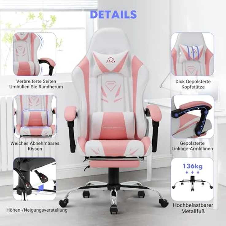 COLAMY Gaming Stuhl, Computer Stuhl mit Fußstütze und Lendenwirbelstütze, höhenverstellbarer Gaming Chair mit 360°-Drehsitz und Kopfstütze, Video Gamer PC Stuhl, Ergonomische hohe Rückenlehne, Rosa – Bild 7