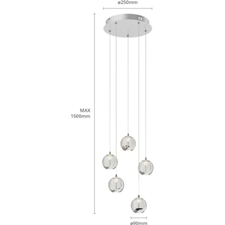 Lucande LED-Pendellampe Hayley, 5-flg. Pendelleuchte mit Glaskugeln und chromfarbenen Details, Ø 30 cm, energieeffiziente LED-Beleuchtung – Bild 6