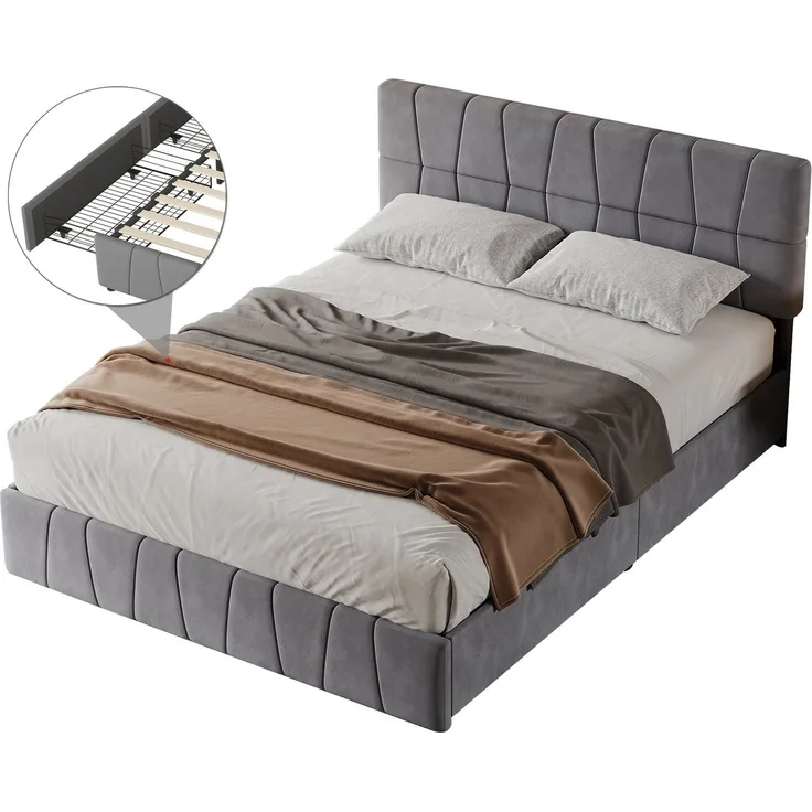 FUROKOY Polsterbett Doppelbett Stauraumbett mit 4 Schubladen Samtstoff Grau (Set, 1-tlg, Mit Kopfteil und Lattenrost), 160x200 cm,Gepolstert,grau,Gute Atmungsaktivitat