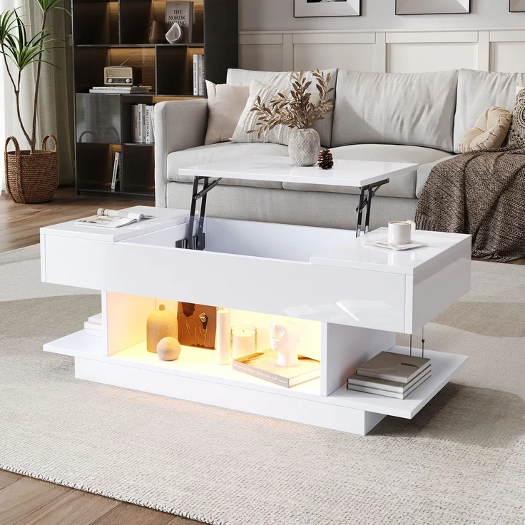 Couchtisch Weiß Hochglanz mit LED, Lift-Top Funktion, seitlichen Ablagen & 4 offenen Fächern, Wohnzimmertisch – Bild 6
