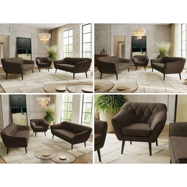 Wohnzimmerset, Möbelset PIRS 3-3-1, Armlehnen, Wellenfederung, schwarze Füße, Dreisitzer Sofas mit Sessel, Polstermöbel Set - Braun Velvet – Bild 2