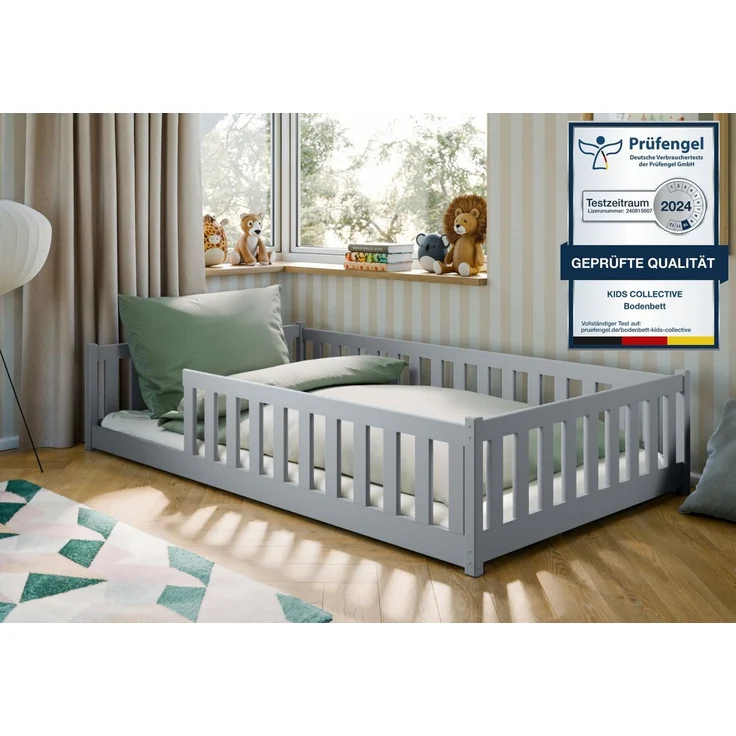 Kids Collective Kinderbett Bodenbett Bett mit Rausfallschutz & Lattenrost Montessori Bett Kinder (Jungen, Mädchen, Kinder, weitere Größen 80x160, 80x180, 90x190, 90x200, 140x200 cm), Jugendbett Einzelbett Aschgrau Kiefer 120x200 cm – Bild 1